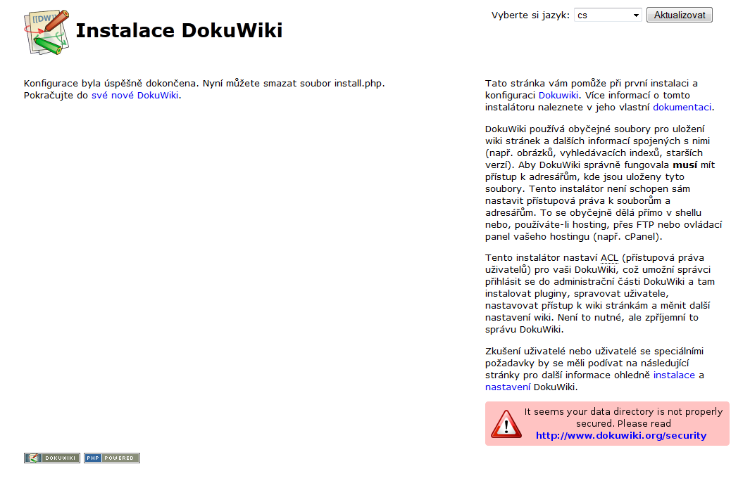 Instalace Wiki systému DokuWiki - Ukončení instalace