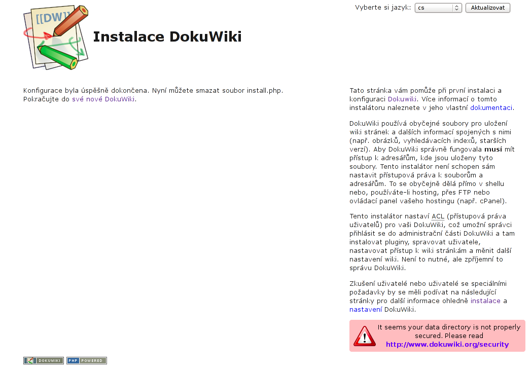 Instalace Wiki systému DokuWiki - Ukončení instalace