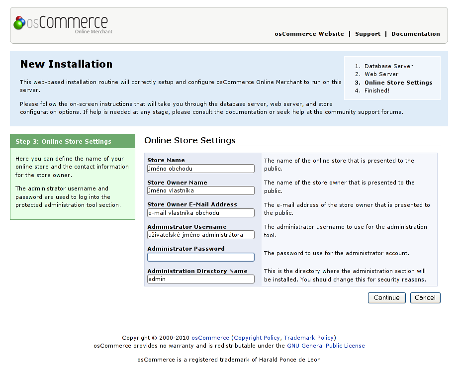 Instalace internetového obchodu osCommerce - Nastavení detailů internetového obchodu