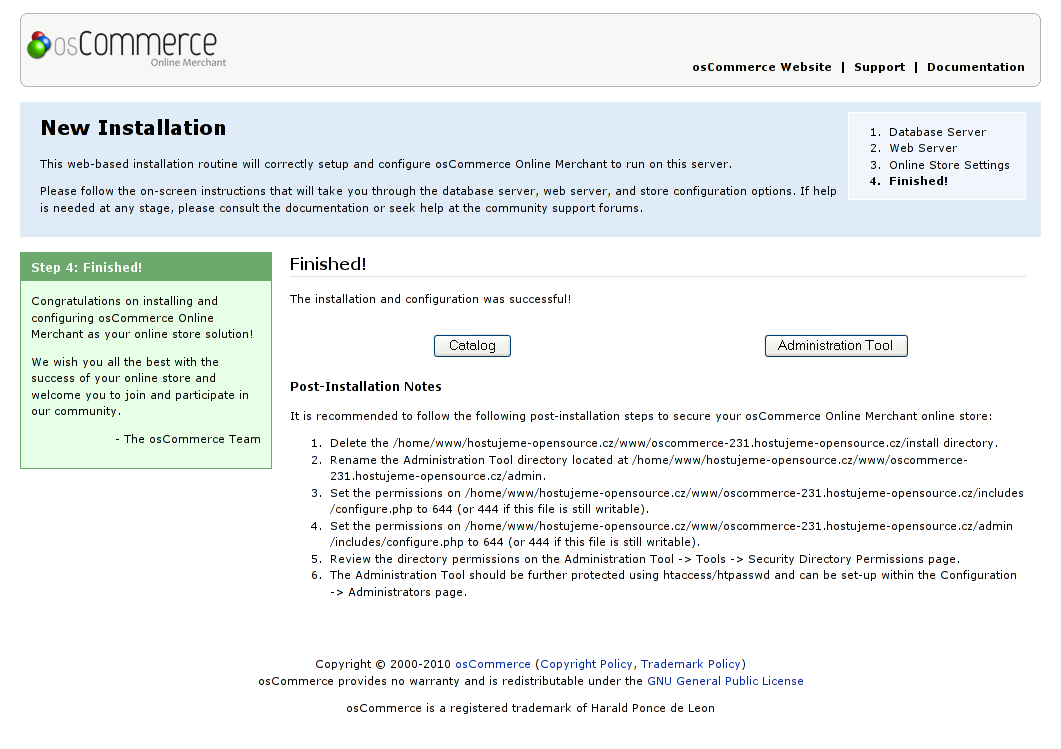Instalace internetového obchodu osCommerce - Ukončení instalace
