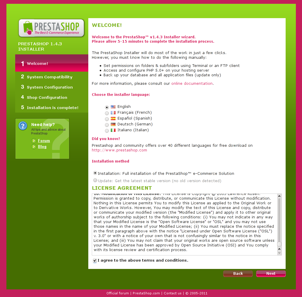 Instalace internetového obchodu PrestaShop - Spuštění instalace a výběr jazyka