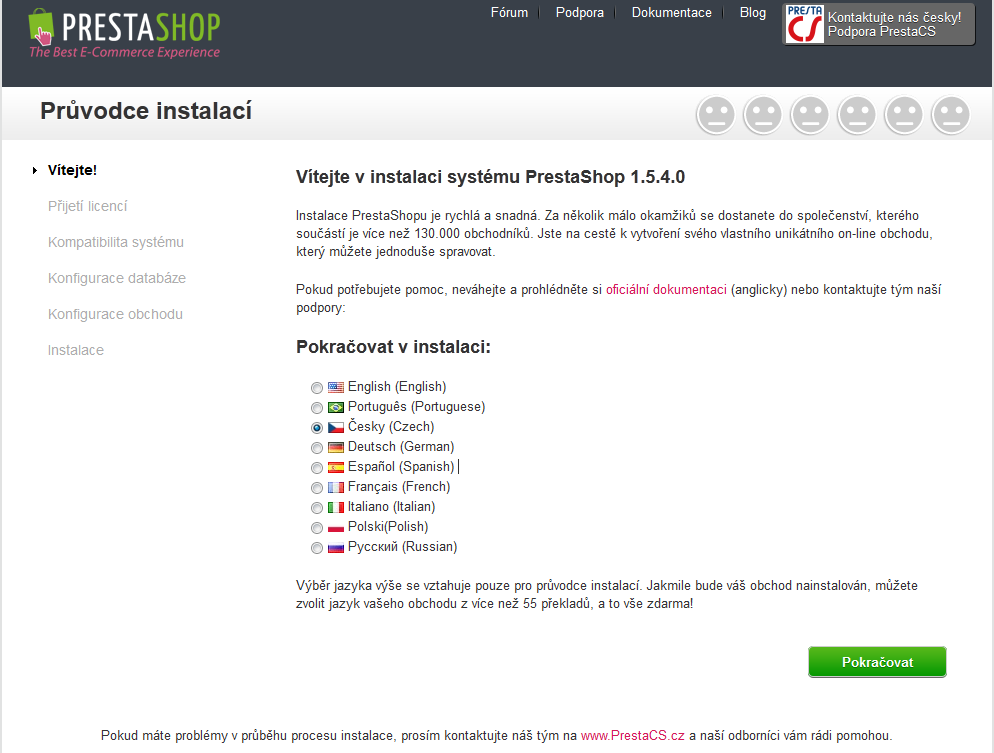 Instalace internetového obchodu PrestaShop - Spuštění instalace a výběr jazyka