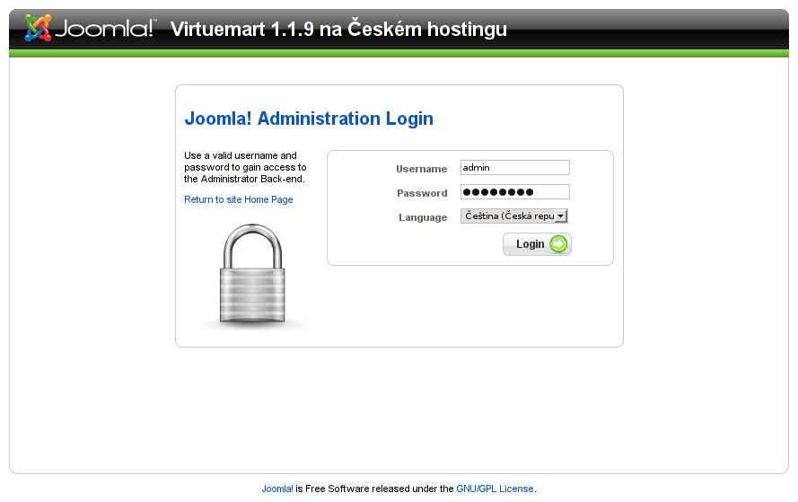 Instalace internetového obchodu VirtueMart - přihlášení do administrátorského rozhraní