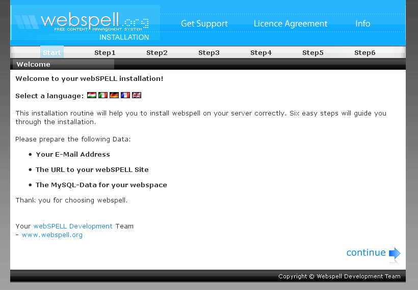 Instalace redakčního systému webSPELL - výběr jazyka