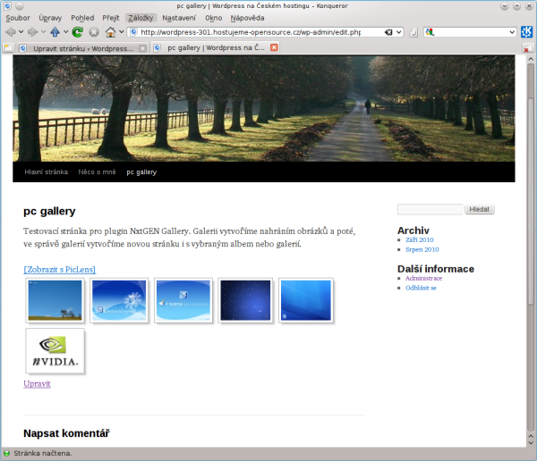 Názorná ukázka pluginu NextGEN Gallery v redakčním systému Wordpress ve verzi 3.0.1.