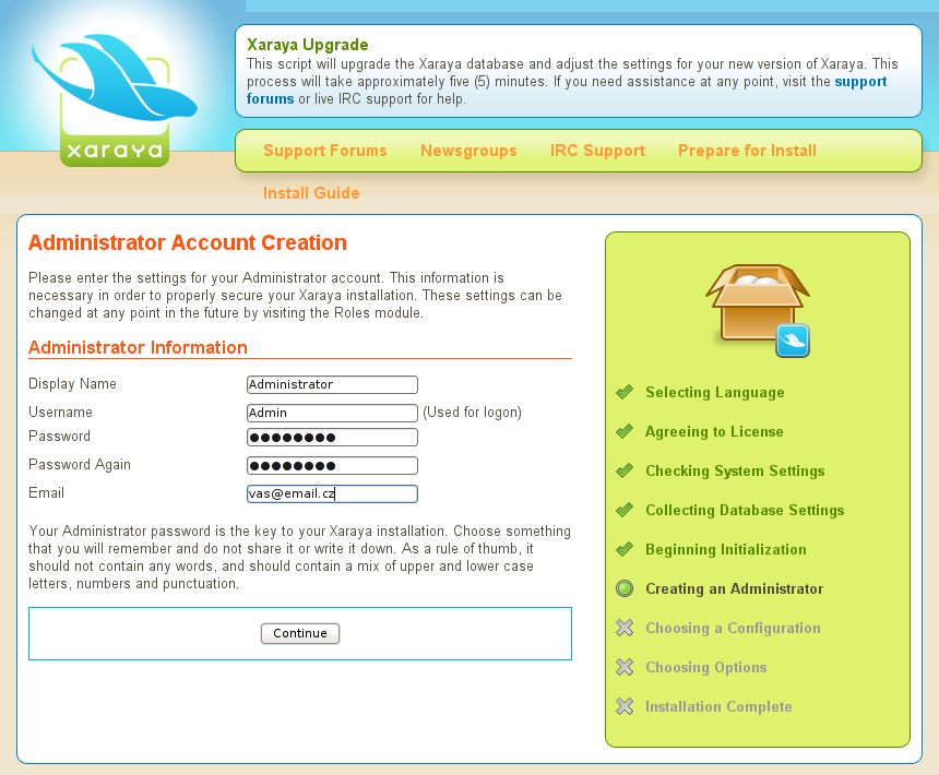 Instalace redakčního systému Xaraya - vytvoření účtu administrátora