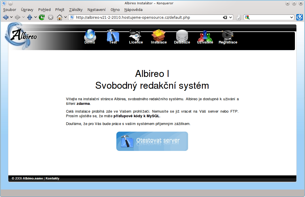 Právě spuštěná instalace redakční systému Albireo