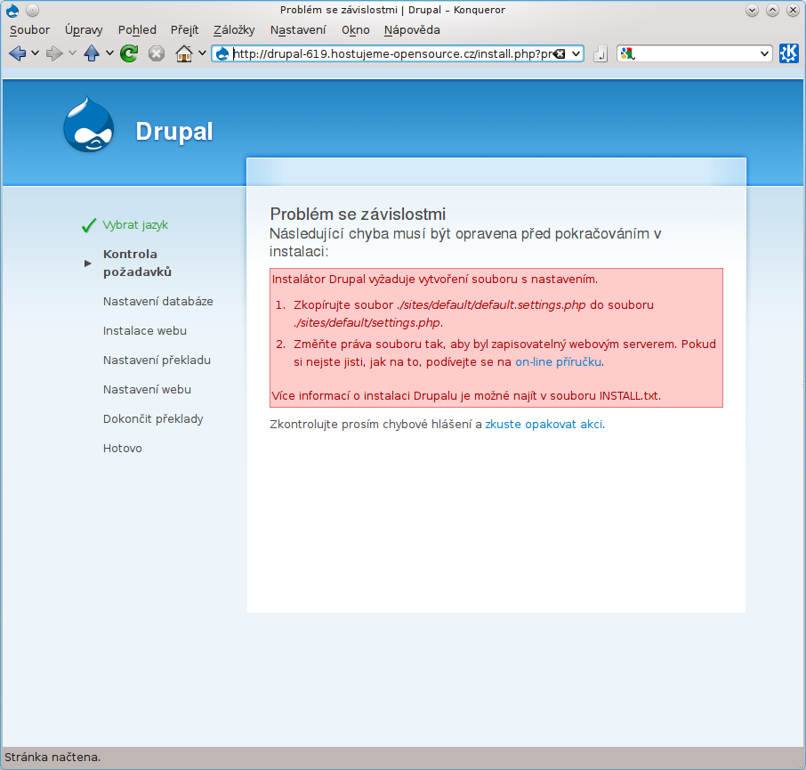 Instalace redakčního systému Drupal - chybová hláška při kontrole požadavků
