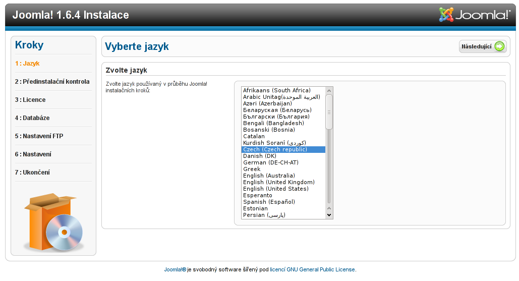 Instalace redakčního systému Joomla! - Spuštění instalace a výběr jazyka