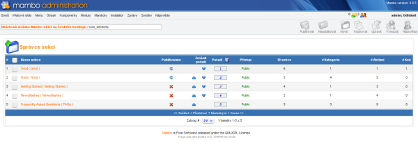 Správa sekcí v redakčním systému Mambo v4.6.5.
