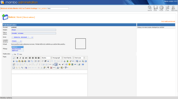 Vytváření nové sekce v redakčním systému Mambo v4.6.5.