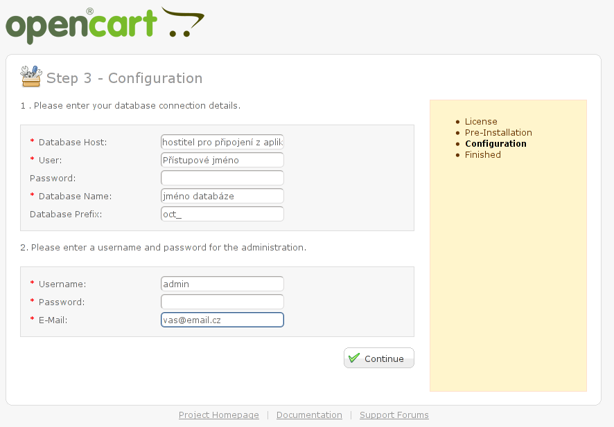 Instalace internetového obchodu OpenCart - nastavení databáze a účtu administrátora