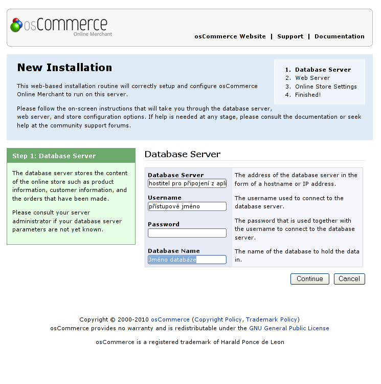 Instalace internetového obchodu osCommerce - Nastavení databáze