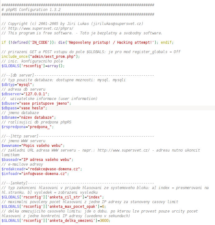 Instalace redakčního systému phpRS - editace souboru config.php