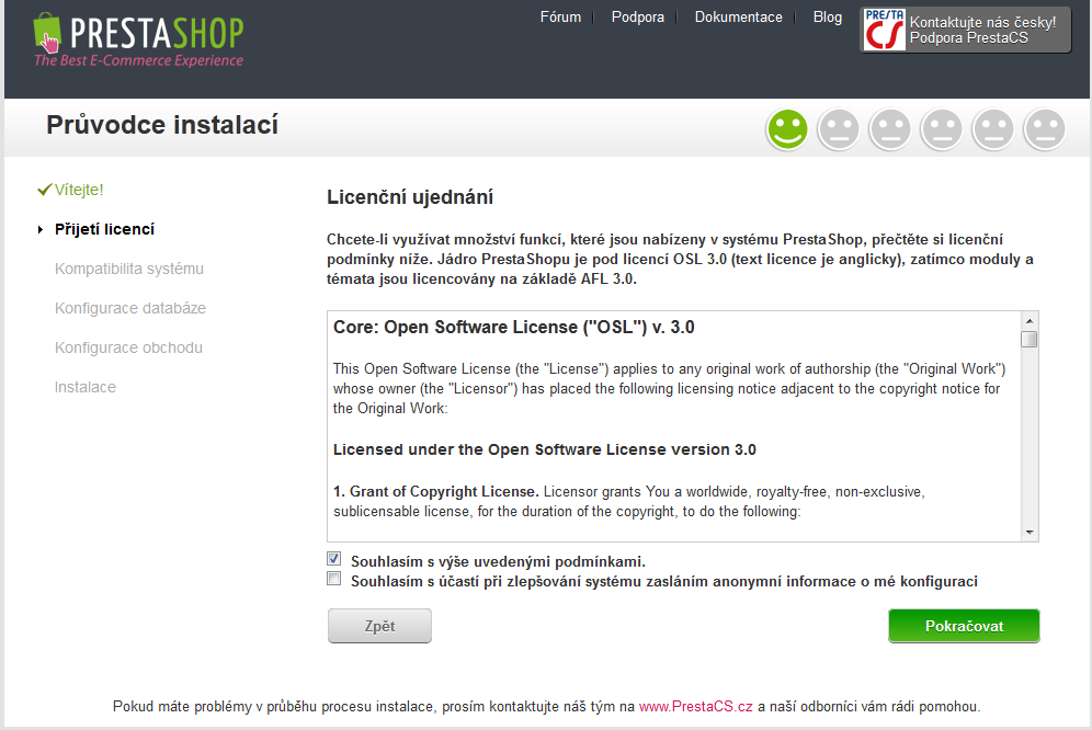 Instalace internetového obchodu PrestaShop - Licenční ujednání