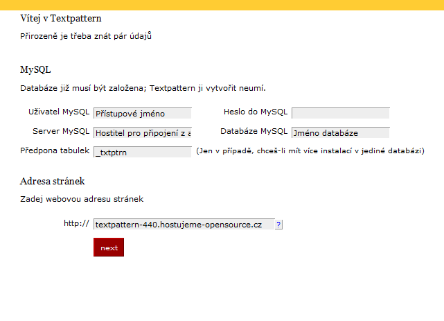 Instalace redakčního systému Textpattern - nastavení databáze