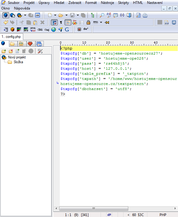 Instalace redakčního systému Textpattern - vytvoření konfiguračního souboru - pokročilý textový editor