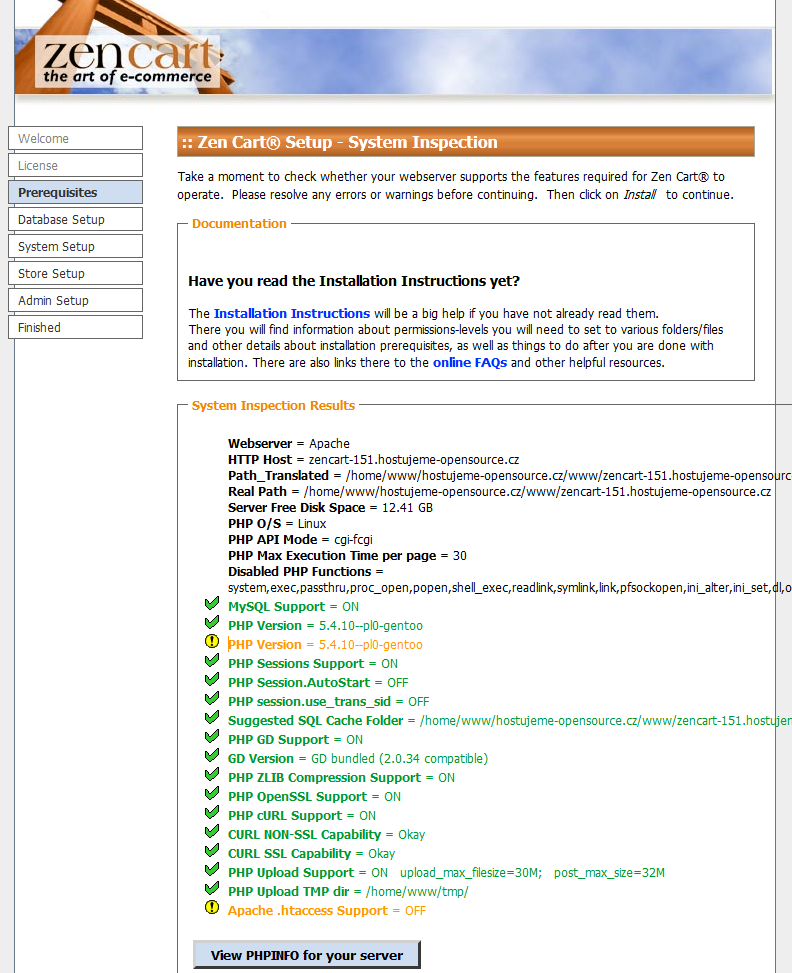 Instalace internetového obchodu ZenCart - test systémových požadavků, první část