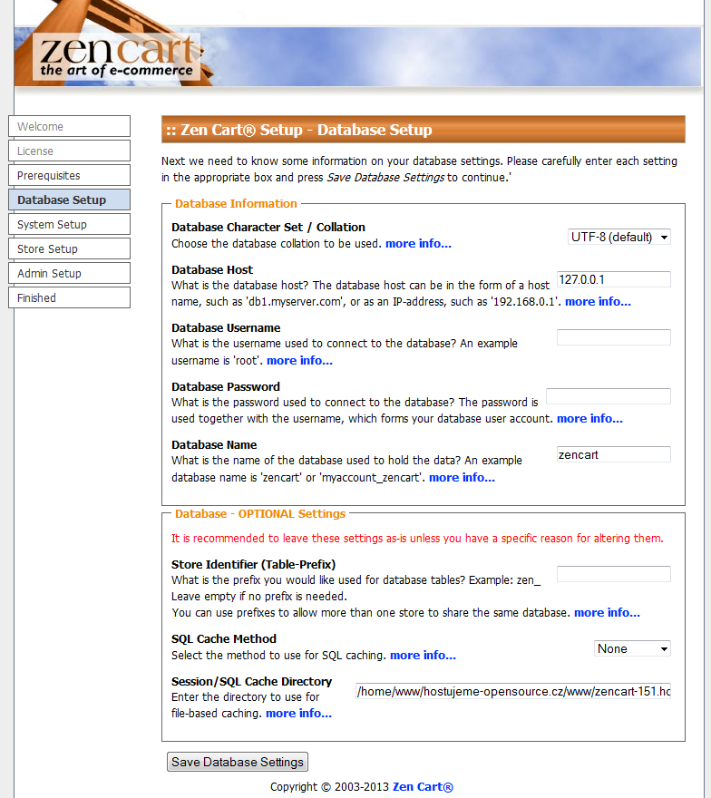 Instalace internetového obchodu ZenCart - nastavení databáze