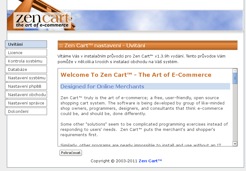 Instalace internetového obchodu osCommerce - Uvítání