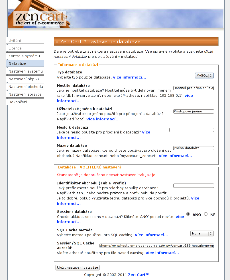 Instalace internetového obchodu osCommerce - Nastavení databáze